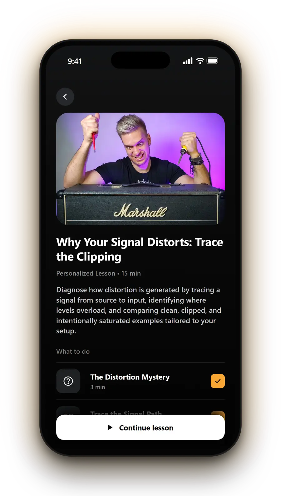 Patchwise lesson screen on a phone: 'Why Your Signal Distorts: Trace the Clipping', with Marko behind a Marshall head in the header